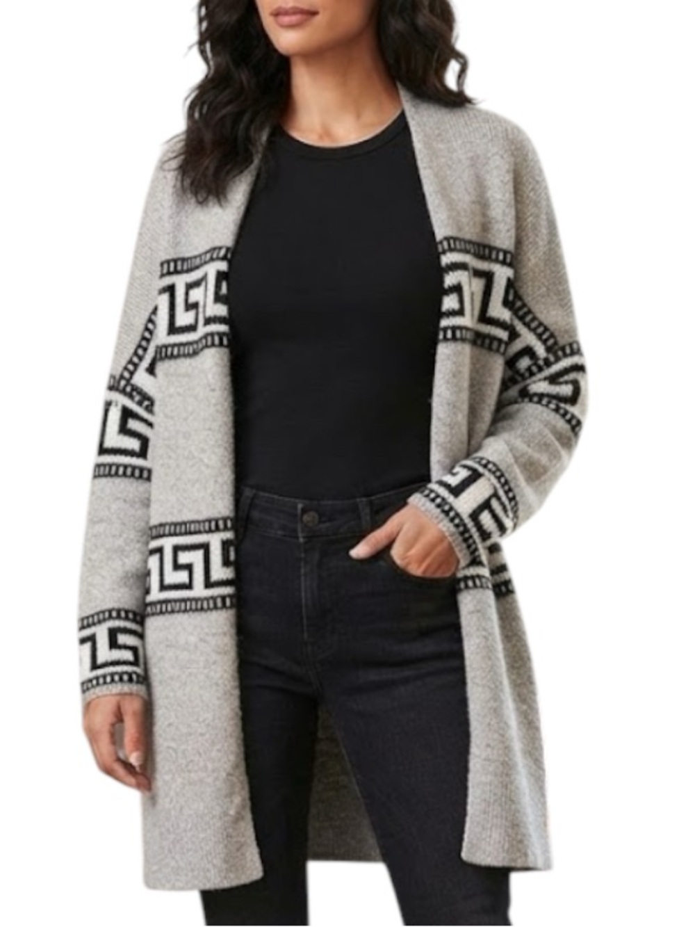 GENTLE FAWN Marble Greek Key Open Front Cardigan Grey Size Large Quiet Luxury